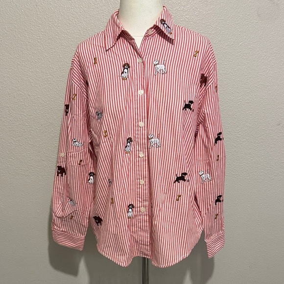 Teddi Vintage Red & White Striped Button Up Shirt With Dog Embroidery - Picture 1 of 7